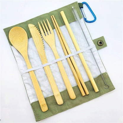 Portable Eco Friendly Flatware Set 7PCS Bamboo Cutlery Set Knife Fork Spoon