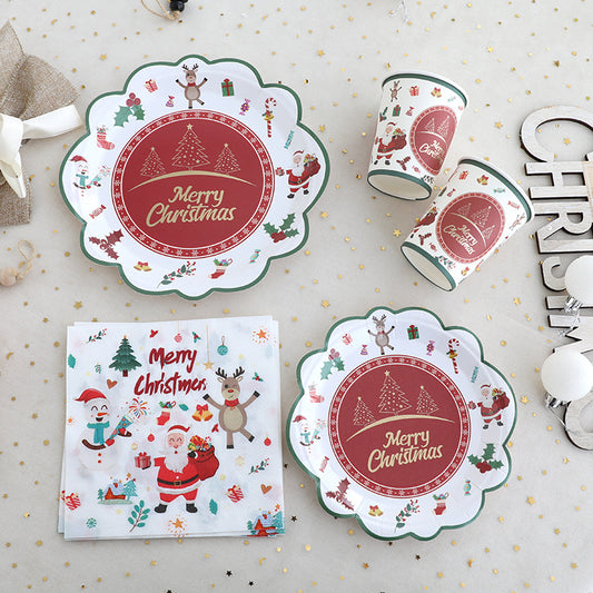 Christmas themed party supplies, lace disposable paper plates, paper cups